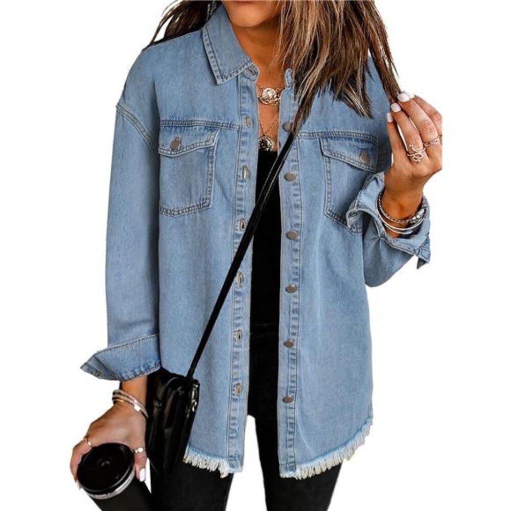 Women's Oversized Denim Blue Jacket Casual Long Sleeve Jean Jacket Fall Spring